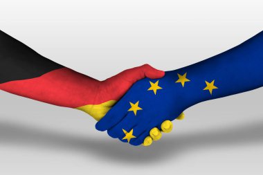 Handshake between european union and germany flags painted on hands, illustration with clipping path.