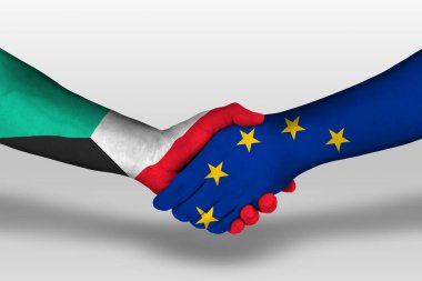 Handshake between european union and kuwait flags painted on hands, illustration with clipping path.