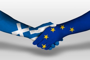 Handshake between european union and greece flags painted on hands, illustration with clipping path.