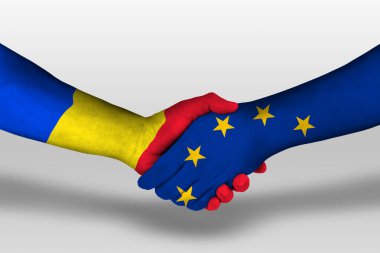 Handshake between european union and romania flags painted on hands, illustration with clipping path.