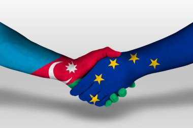 Handshake between european union and azerbaijan flags painted on hands, illustration with clipping path.