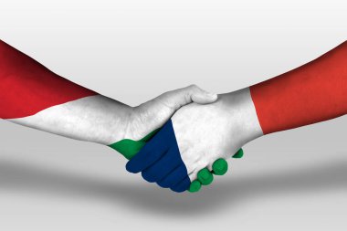 Handshake between france and hungary flags painted on hands, illustration with clipping path.