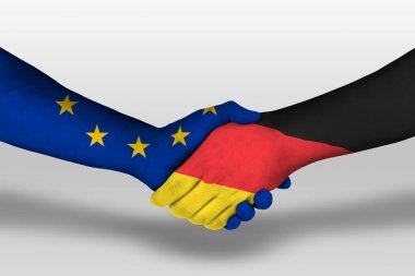 Handshake between germany and european union flags painted on hands, illustration with clipping path.