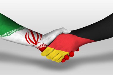 Ellerinde Almanya ve İran bayrakları arasında el sıkışma, kırpma yolu ile illüstrasyon.