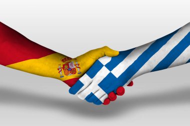 Handshake between greece and spain flags painted on hands, illustration with clipping path.