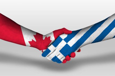 Handshake between greece and canada flags painted on hands, illustration with clipping path.