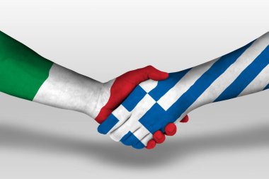 Handshake between greece and italy flags painted on hands, illustration with clipping path.