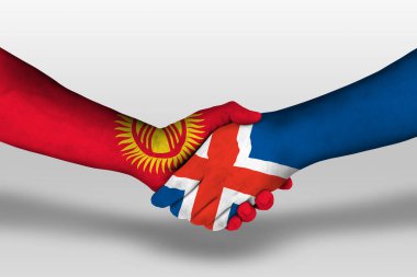 Handshake between iceland and kyrgyzstan flags painted on hands, illustration with clipping path.