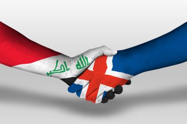 Handshake between iceland and iraq flags painted on hands, illustration with clipping path.