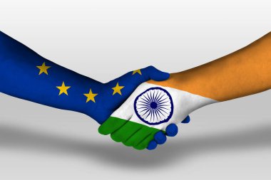 Handshake between india and european union flags painted on hands, illustration with clipping path.