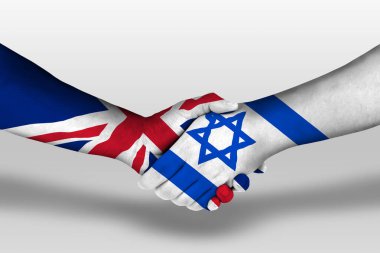 Handshake between israel and united kingdom flags painted on hands, illustration with clipping path.