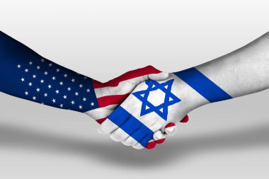 Handshake between israel and united states of america flags painted on hands, illustration with clipping path.