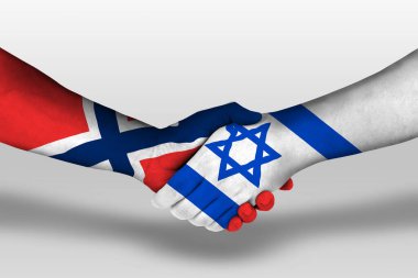Handshake between israel and norway flags painted on hands, illustration with clipping path.