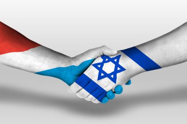Handshake between israel and luxembourg flags painted on hands, illustration with clipping path.