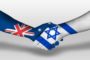 Handshake between israel and australia flags painted on hands, illustration with clipping path.