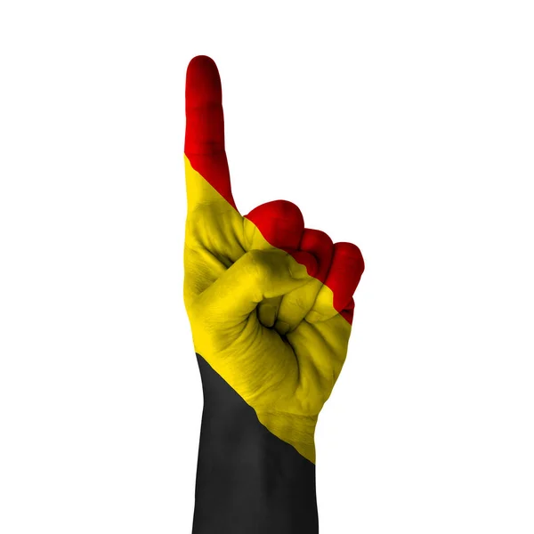 Hand Pointing Thumb Direction Belgium Painted Flag Symbol Direction First — Foto Stock