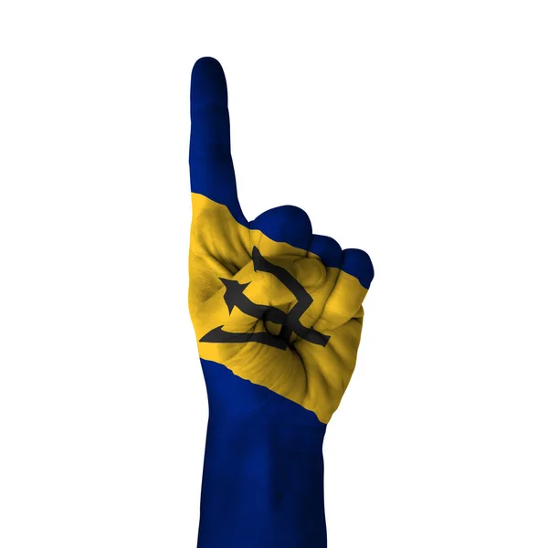 Hand Pointing Thumb Direction Barbados Painted Flag Symbol Direction First — Zdjęcie stockowe