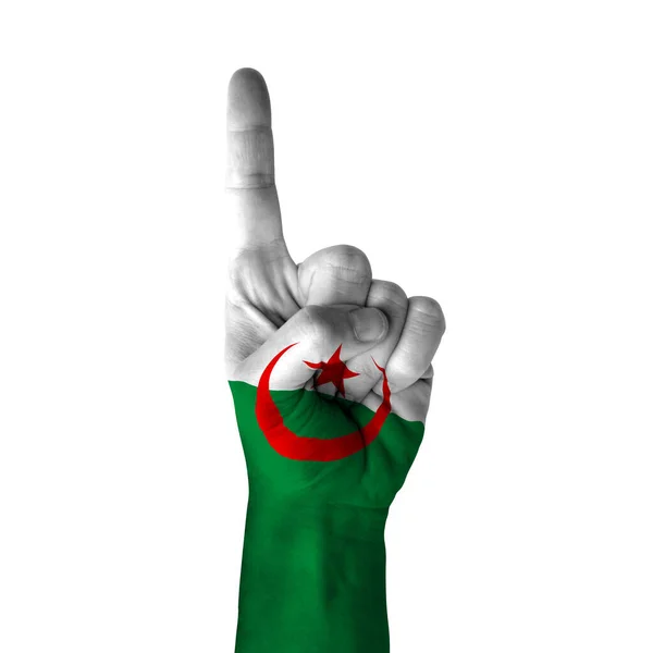 手を親指の方向を指して アルジェリアの方向のシンボルとしてフラグで描かれ 1番目と1番目のシンボル 白い背景に隔離された — ストック写真