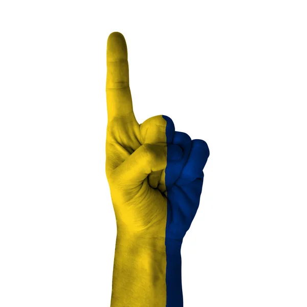 Ruční Ukazování Palcem Nahoru Kolumbie Malované Vlajkou Jako Symbol Směru — Stock fotografie
