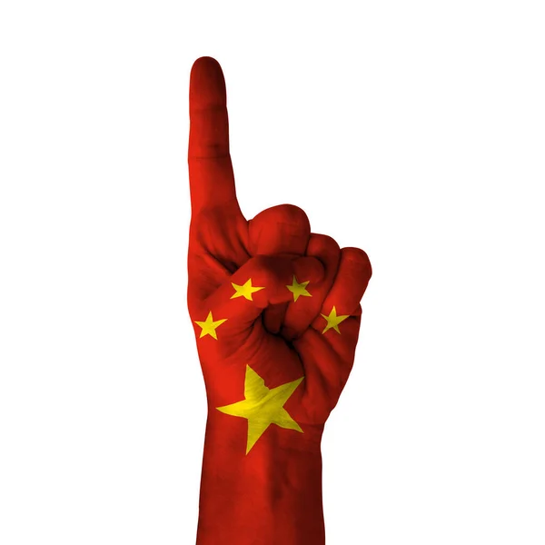 Hand Pointing Thumb Direction China Painted Flag Symbol Direction First — Stock Photo, Image