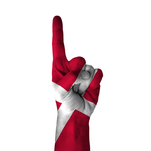 Hand Pointing Thumb Direction Denmark Painted Flag Symbol Direction First — Stockfoto