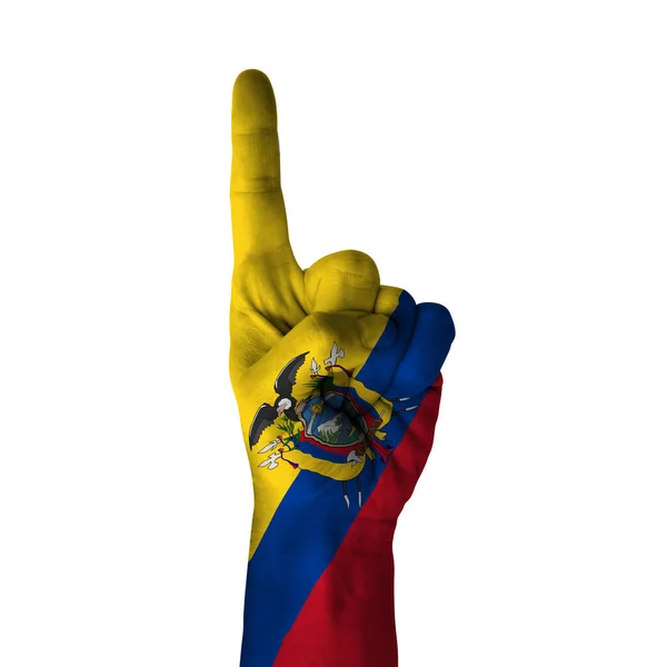 Hand Pointing Thumb Direction Ecuador Painted Flag Symbol Direction First — Zdjęcie stockowe