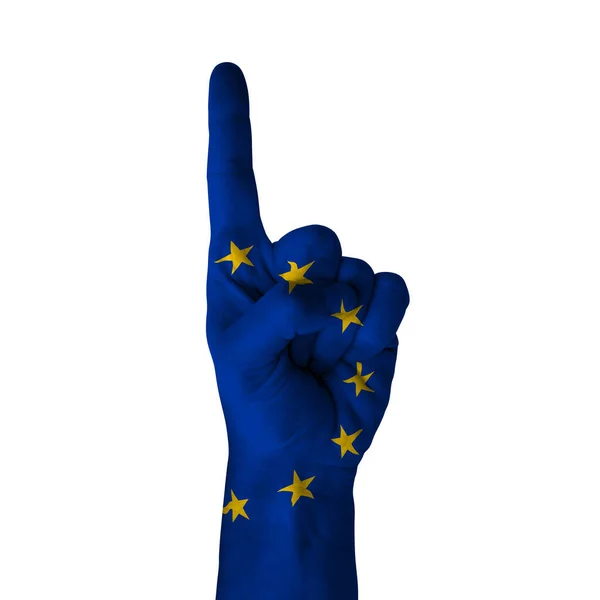 Hand pointing thumb up direction, european union painted with flag as symbol of up direction, first and number one symbol - isolated on white background