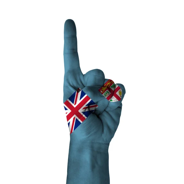 Hand Pointing Thumb Direction Fiji Painted Flag Symbol Direction First — Stok fotoğraf