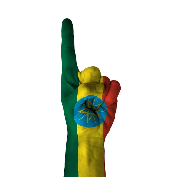 Hand Pointing Thumb Direction Ethiopia Painted Flag Symbol Direction First — Stock Fotó