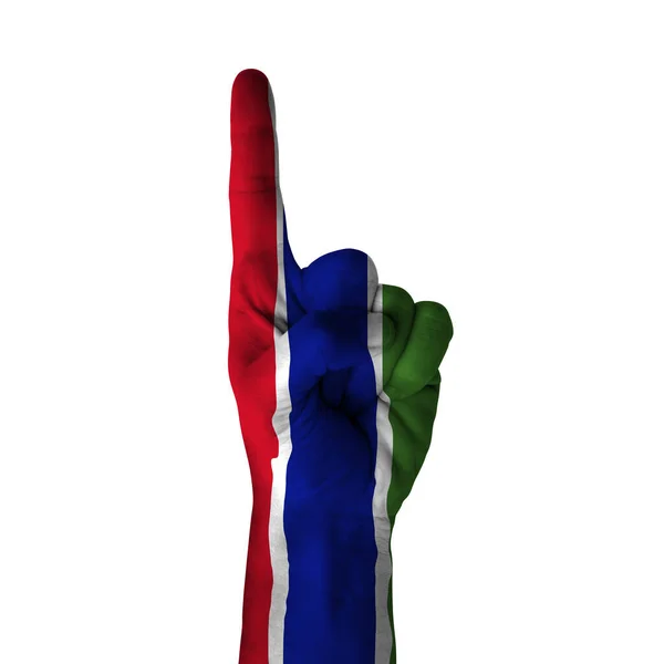 Hand Pointing Thumb Direction Gambia Painted Flag Symbol Direction First — Stok fotoğraf