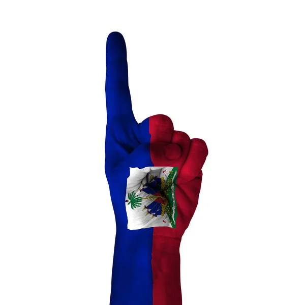 Hand Pointing Thumb Direction Haiti Painted Flag Symbol Direction First — Stock Photo, Image