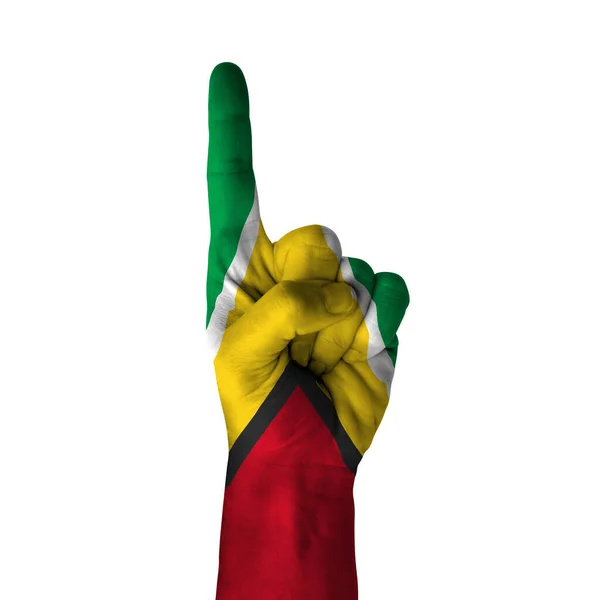 Hand Pointing Thumb Direction Guyana Painted Flag Symbol Direction First — Stok fotoğraf