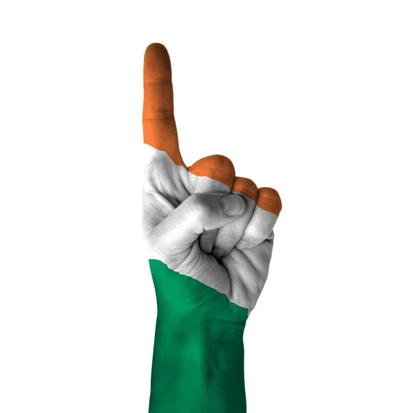 Hand Pointing Thumb Direction Ireland Painted Flag Symbol Direction First — стоковое фото