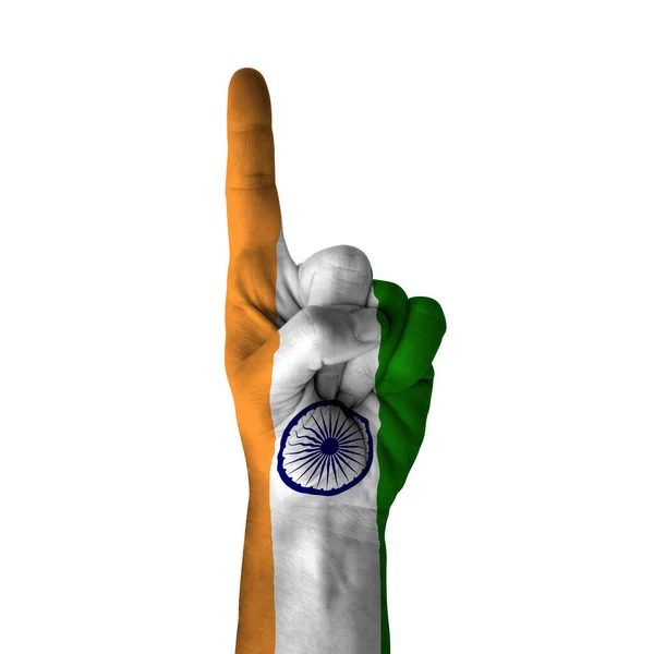 手を親指の方向を指して インドの方向のシンボルとしてのフラグで塗装 1番目と1番目のシンボル 白の背景に隔離された — ストック写真