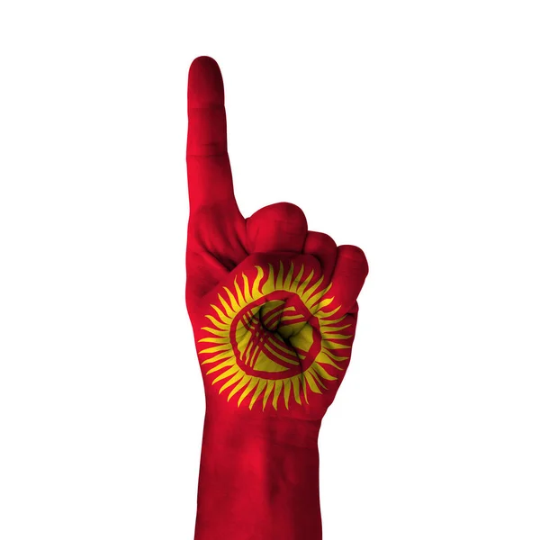 Hand Pointing Thumb Direction Kyrgyzstan Painted Flag Symbol Direction First — Stock Photo, Image