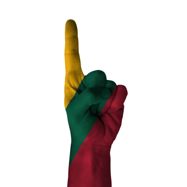 Hand Pointing Thumb Direction Lithuania Painted Flag Symbol Direction First — 图库照片