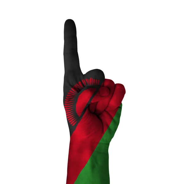 Ruční Ukazování Palcem Nahoru Malawi Malované Vlajkou Jako Symbol Směru — Stock fotografie