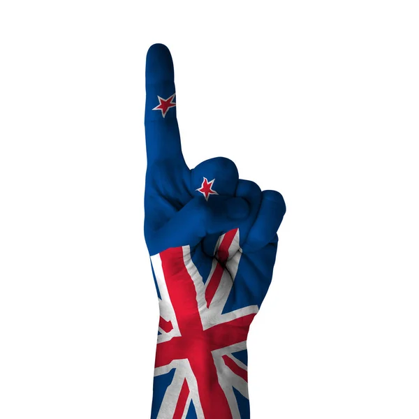 Hand Pointing Thumb Direction New Zealand Painted Flag Symbol Direction — Stock Photo, Image