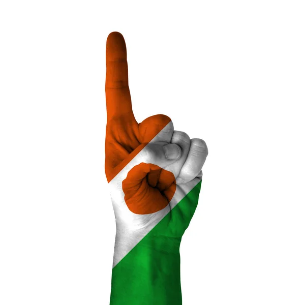 Hand Pointing Thumb Direction Niger Painted Flag Symbol Direction First — Foto de Stock