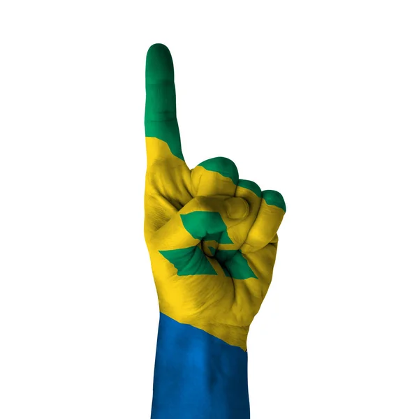 Hand Pointing Thumb Direction Saint Vincent Grenadines Painted Flag Symbol — Zdjęcie stockowe