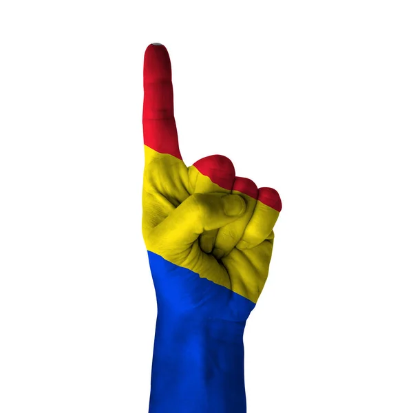 Hand Pointing Thumb Direction Romania Painted Flag Symbol Direction First — Zdjęcie stockowe