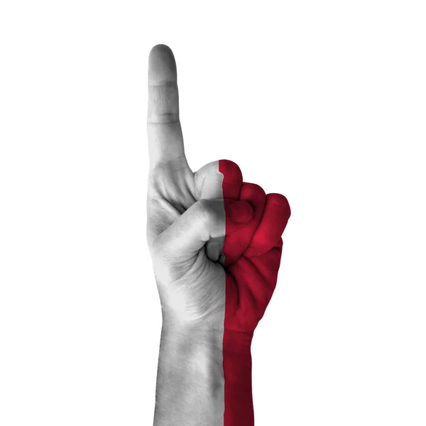 Hand Pointing Thumb Direction Poland Painted Flag Symbol Direction First — Fotografia de Stock