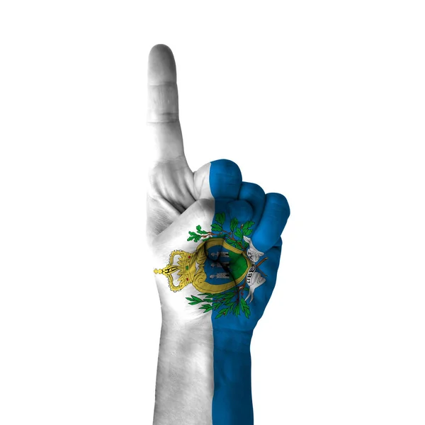 Hand Pointing Thumb Direction San Marino Painted Flag Symbol Direction — Foto Stock