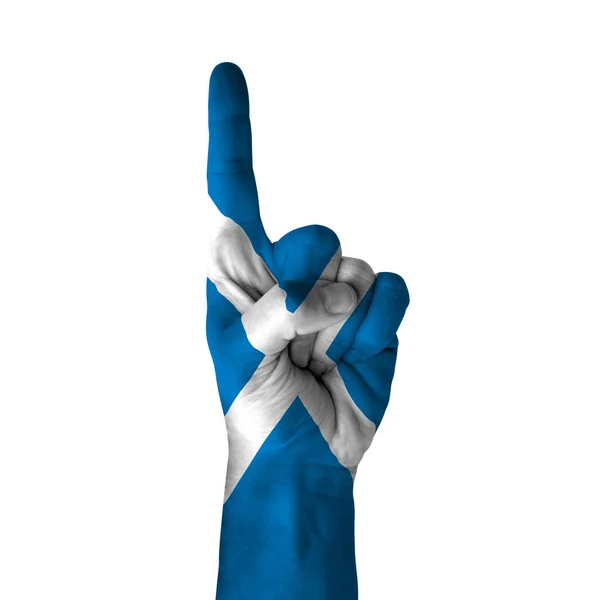 stock image Hand pointing thumb up direction, scotland painted with flag as symbol of up direction, first and number one symbol - isolated on white background