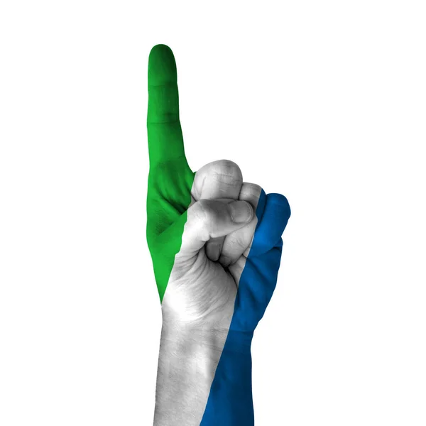 Hand Pointing Thumb Direction Sierra Leone Painted Flag Symbol Direction — Stok fotoğraf