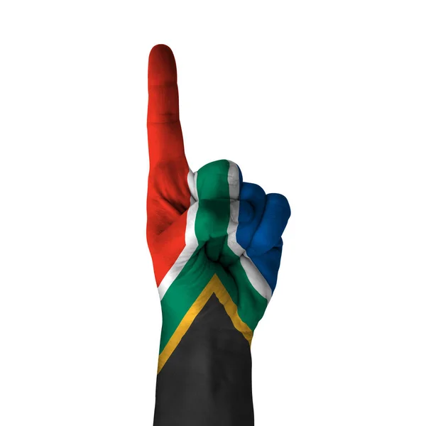 Hand Pointing Thumb Direction South Africa Painted Flag Symbol Direction — Stock Photo, Image