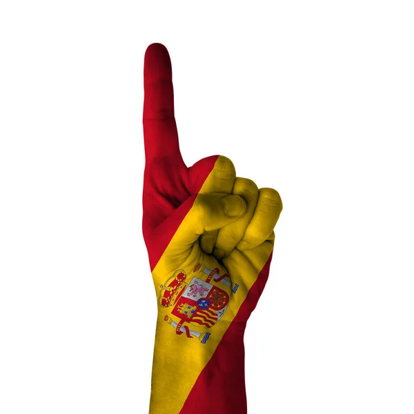Hand Pointing Thumb Direction Spain Painted Flag Symbol Direction First — Stok fotoğraf