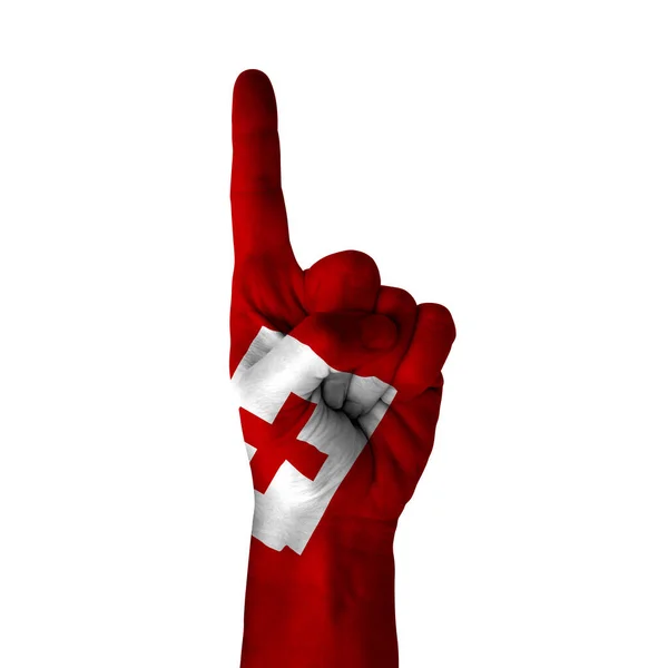 Hand Pointing Thumb Direction Tonga Painted Flag Symbol Direction First — ストック写真