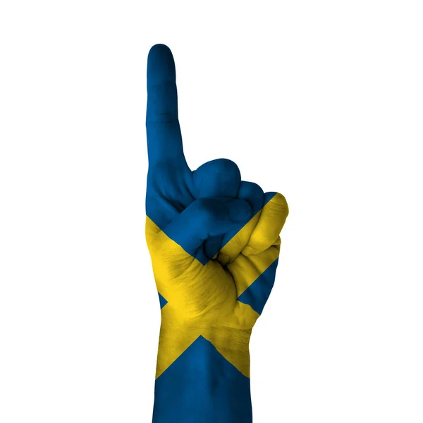 Hand Pointing Thumb Direction Sweden Painted Flag Symbol Direction First — стоковое фото