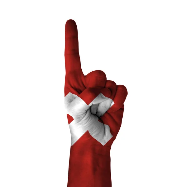 Hand Pointing Thumb Direction Switzerland Painted Flag Symbol Direction First — Foto de Stock